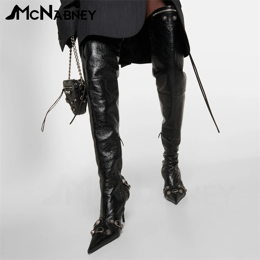 Leather Over-The-Knee Boots Pointed Toe Stiletto Boots for Women Metal Rivet Accessories Luxury Fashion Designer High Heel Boots