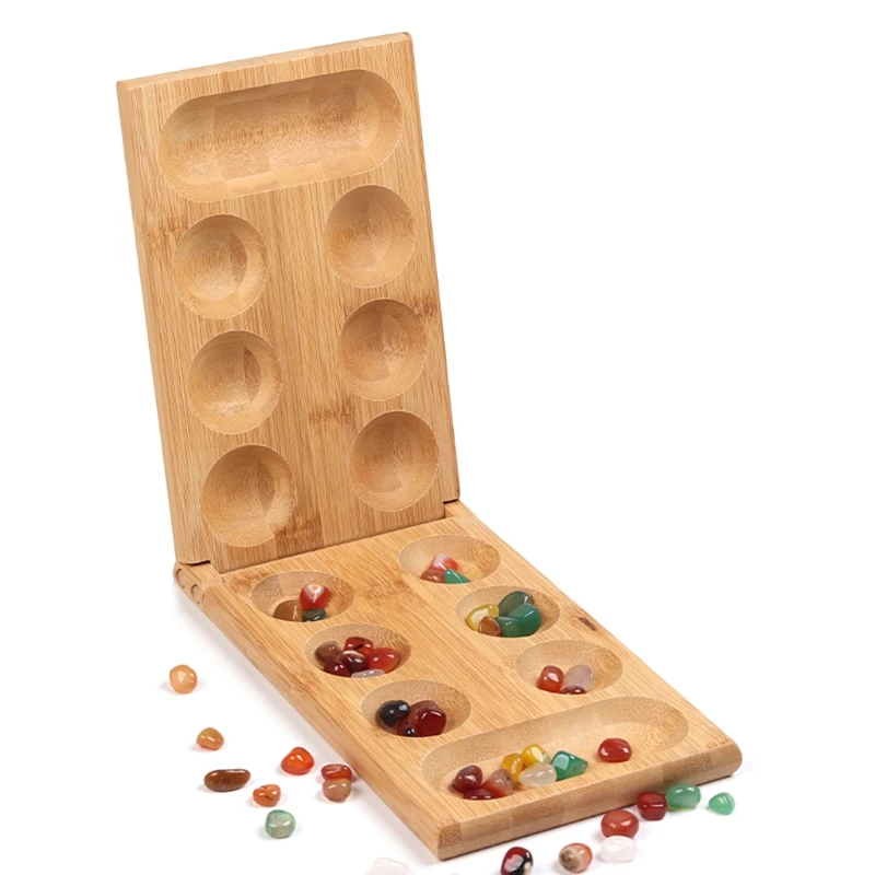 Mancala-Juego de mesa con guijarros de piedras de colores, tablero de madera plegable, juego de ajedrez, R9JD