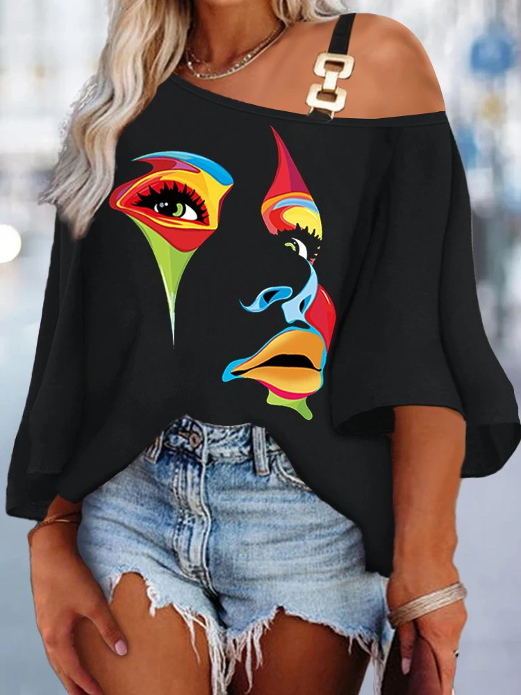 

Summer Fashion Face Print Pullover Shirt Women's Casual Off Shoulder Chain Bat Sleeve Loose White Black Shirt Women 2023 New