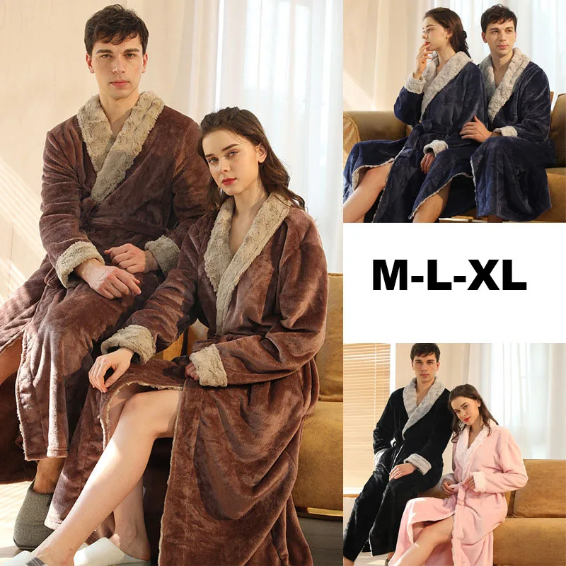 Couples Women Flannel Robes Winter Thicken Kimono Night Dresses Plus Size Autumn Patchwork Fleece Long Robes Bathrobe Nightgown