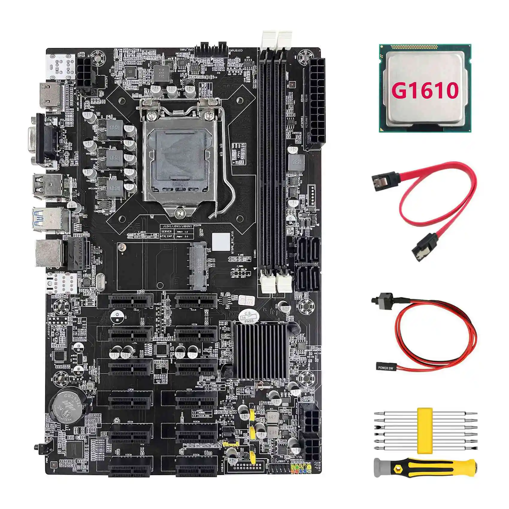 B75 ETH Mining Motherboard 12 PCIE+G1610 CPU+Screwdriver Set+SATA Cable+Switch Cable LGA1155 B75 BTC Miner Motherboard
