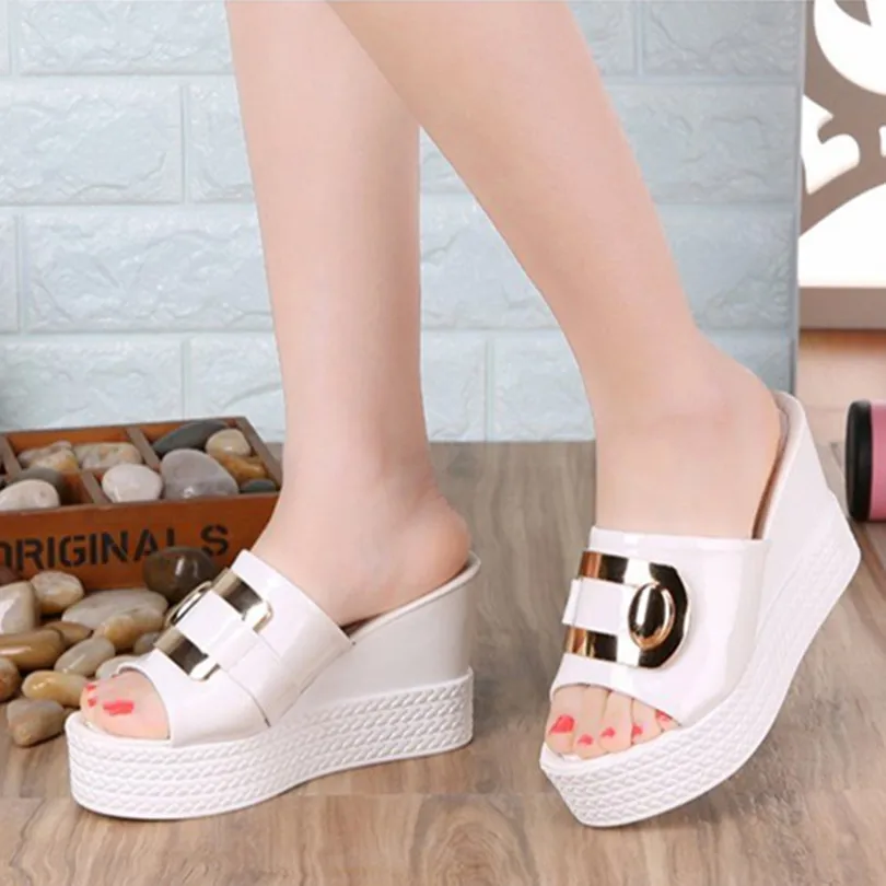 Summer Slippers For Women Party Shoes Thick Platform PU Outside Pumps Peep-toe Female Heeled Shoes  9cm High Heels Woman Slides