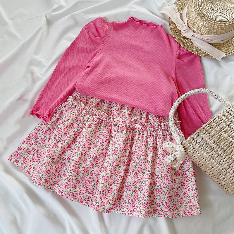 

2022 New Clothes For Girls Spring Autumn Long Sleeve Suit BaseTop+Floral Skirt 2Pcs Kid Clothes Children Suit