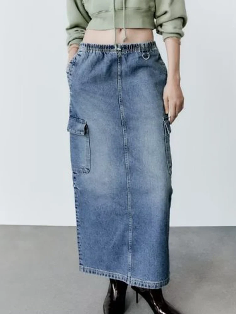 

Kumsvag Women Autumn Denim Straight Skirts 2022 Casual Sweet Elastic waist Pockets Female Elegant Street Straight Skirt Clothing