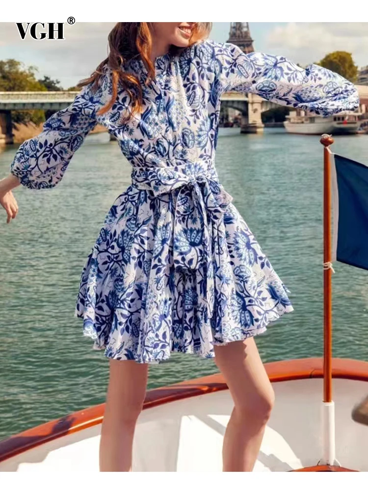 

VGH Casual Print Colorblock Dress For Women Round Neck Long Sleeve High Waist Mini Dresses Female Clothes Style New Fashion 2022