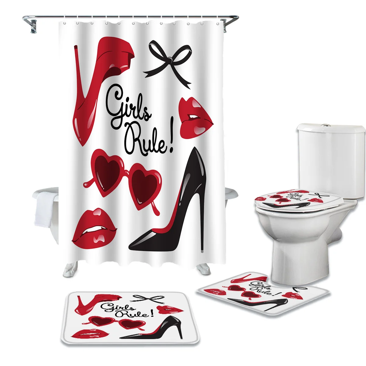 

High Heels Lips Glasses Print Shower Curtain Set Carpet Cover Toilet Cover Bathroom Mat Bathroom Household