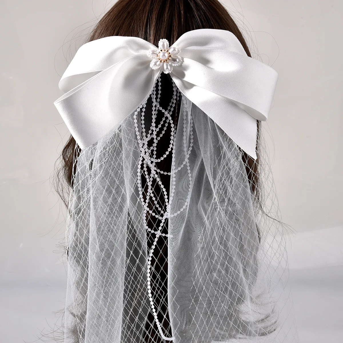 

New Big White Bow-Knot Women Barrette Beaded Pearls Bridal Headpiece Wedding Hair Clip Accessories Handmade