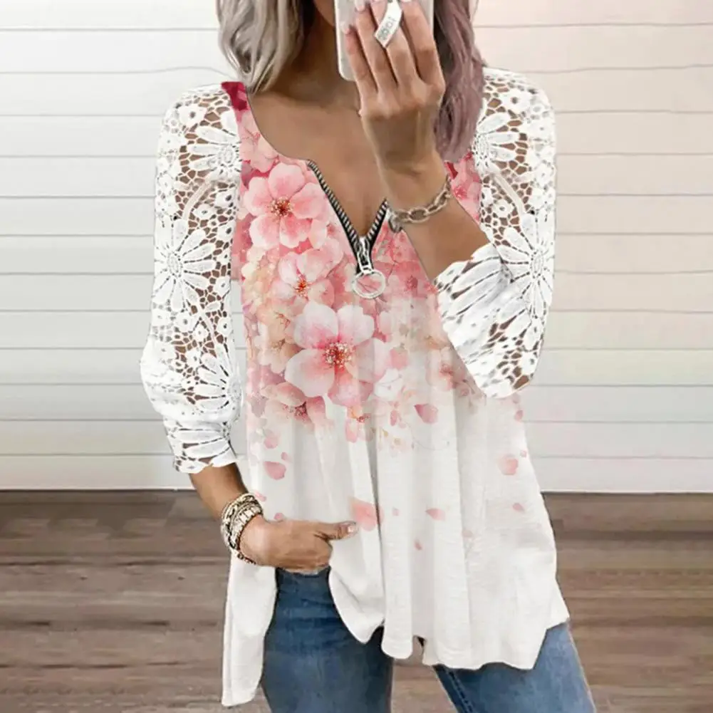 

Fashion Spring Summer Hollow Lace Puff Long Sleeve T-shirts Top V-Neck Zipper Neckling Crochet Blouse Office Elegant Shirts