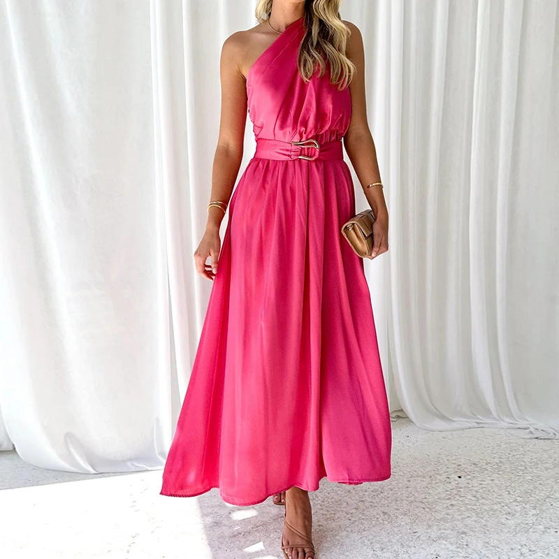 

Elegant Pattern Print Swing A-line Dresses Casual Summer Sleeveless Women Party Dress Spring 2024 Diagonal Collar Long Dress