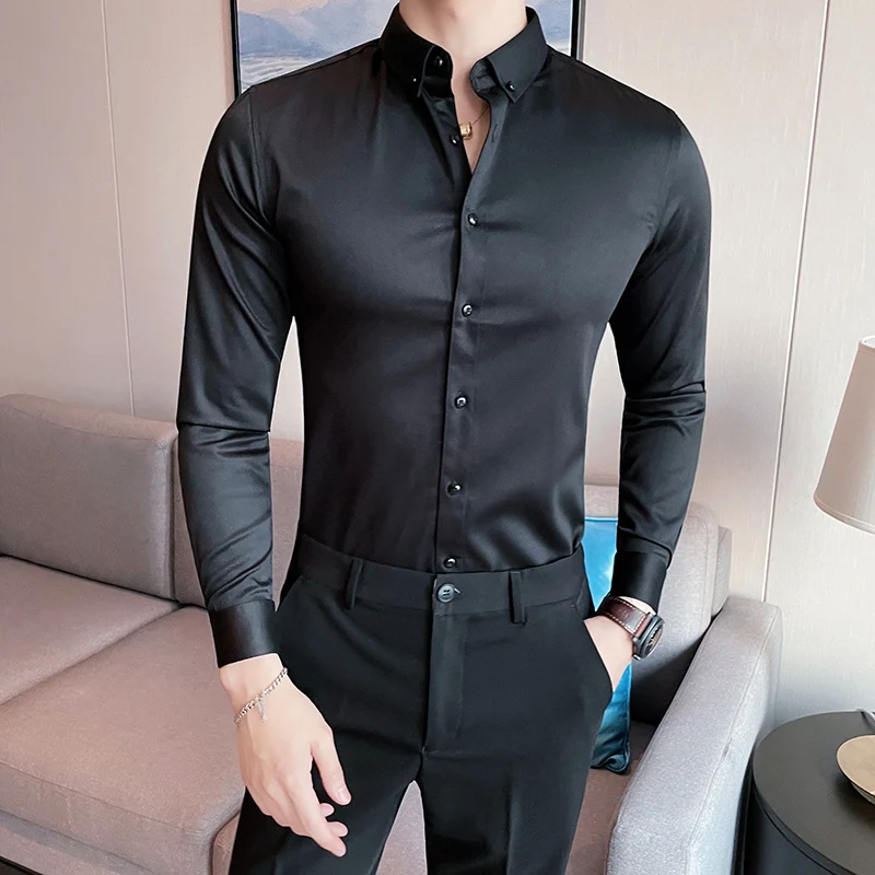 

Shirt Fit Casual Sleeve Size 5XL-M Formal Wear Hot Clothing Plus Style Chemise Long Slim Homme Simple British Men Business Solid