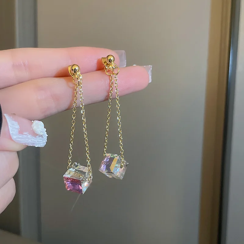 

Korean New Colorful Square Crystal Pendant Earrings For Women Simple Jewelry Fashion Pendientes Colgantes