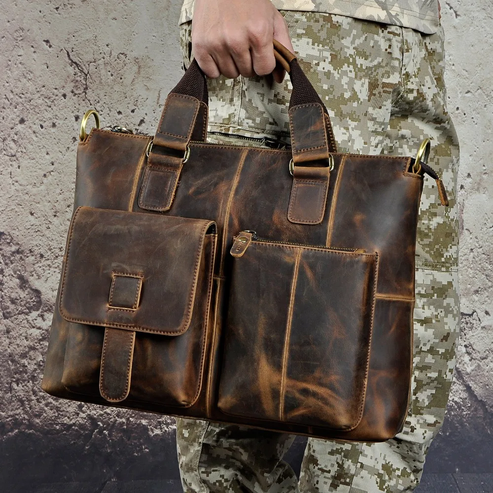 

Retro Shoulder Business Attache Portfolio Antique Men Bag One 15.6 Leather Bag Messenger Case Briefcase Laptop Quality