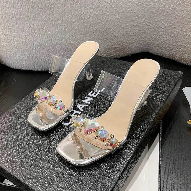 

2023 Women Summer 7cm High Heels Slides Mules Lady Cinderella Crystal Diamond Transparent Slippers Sandals Clear Heels PVC Shoes