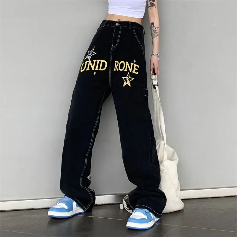 2023 American Vintage High Street Flame Star Letter Print Straight Leg Pants Loose Jeans Women's Fashion Versatile