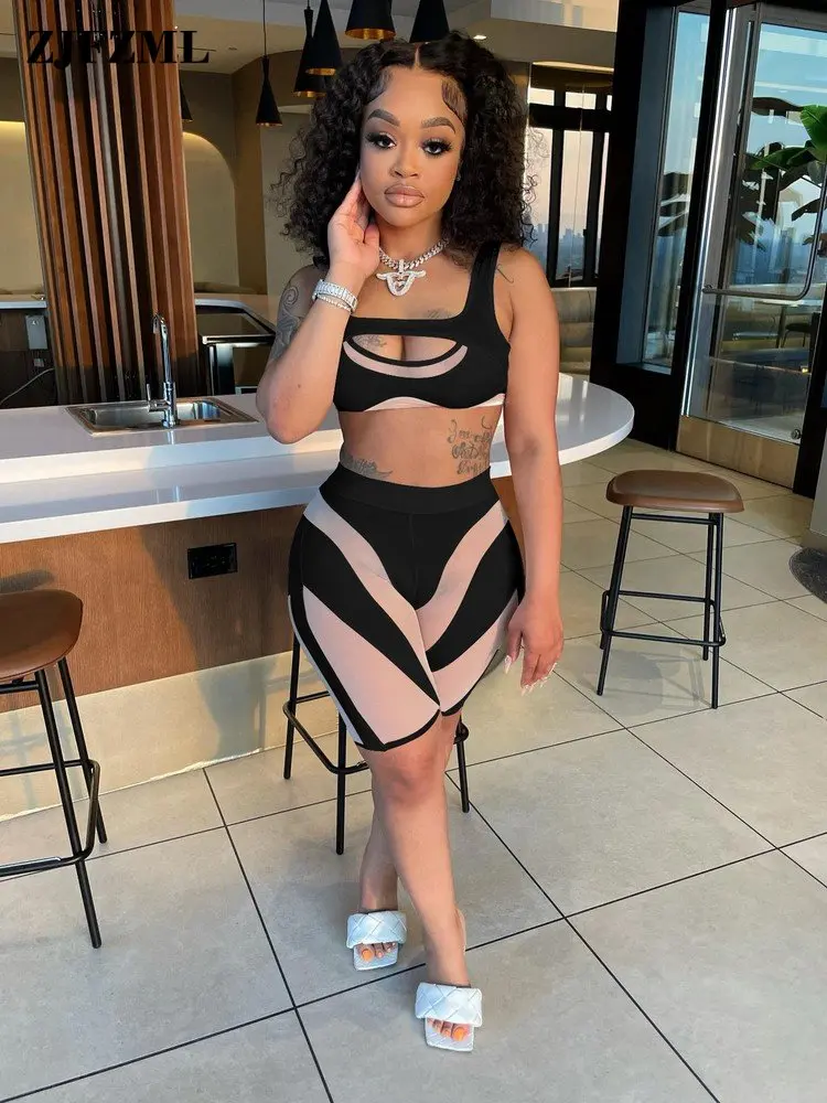 

Sheer Mesh See Through Women's Tracksuits Chest Cut Out Sleeveless Tank Tops and Bodycon Shorts Hipster Fitness Sweatsuit Outfit
