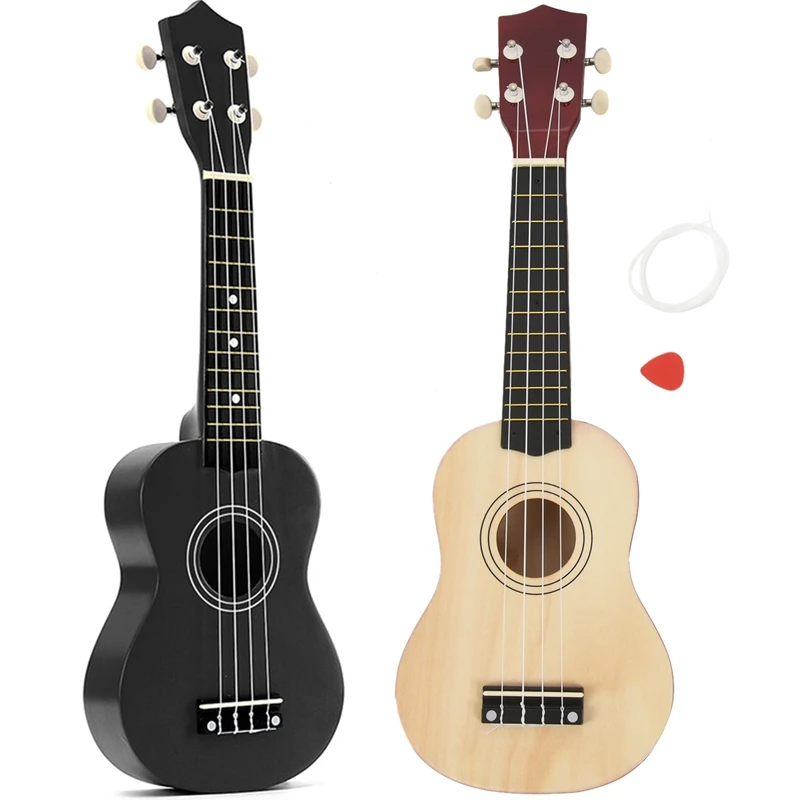 

2 Set 21 Inch Soprano Ukulele 4 Strings Hawaiian Guitar Uke + String + Pick For Beginners Kid Gift-Natural & Black