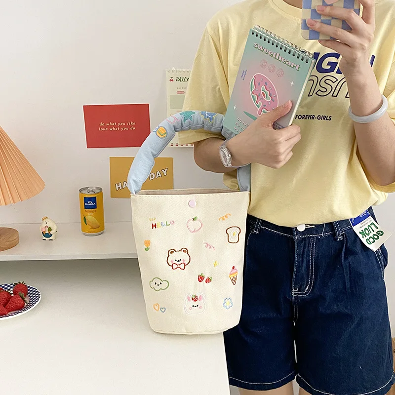 Женский плечо с мультяшным медведем на ланч-боксов сумки вышивкой школьная