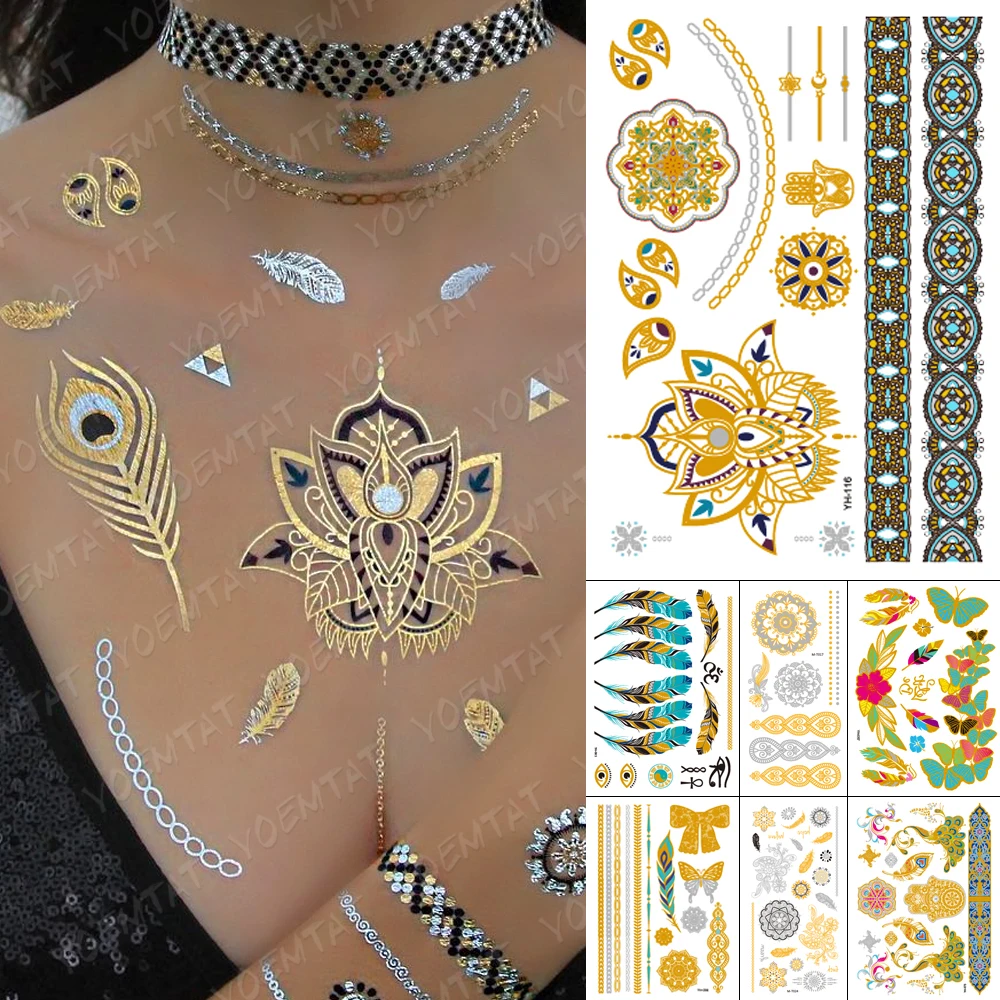 

Waterproof Temporary Tattoo Sticker Lotus Henna Mandala Feathers Gold Silver Metallic Flash Tatoo Boho Flower Jewelry Glitter Bo