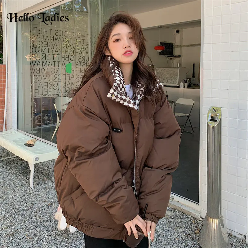 

2023 New Winter Down Cotton Jacket Women Zipper Loose Padded Coat Female Solid Thickening Warm Lattice Puffer Parkas Jackets