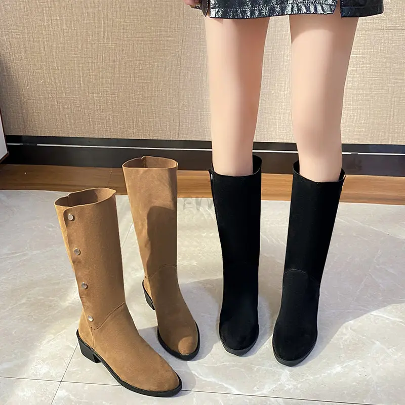 

Rivet Western Cowboy Boots Slip-on Middle-boots Women's Pointed Toe Chunky Heel Knight Boots Casual Women Boots Zapatos Mujer