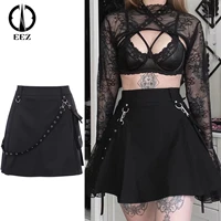 %e3%80%90pocket and chain%e3%80%91vintage black high waist a line pleated skirt women summer back zipper patchwork mini skirt coquette partywear
