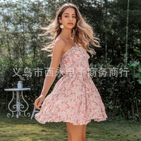 2022 european and american spring and summer new holiday a line skirt wrapped chest ethnic printed wooden ear mini dress