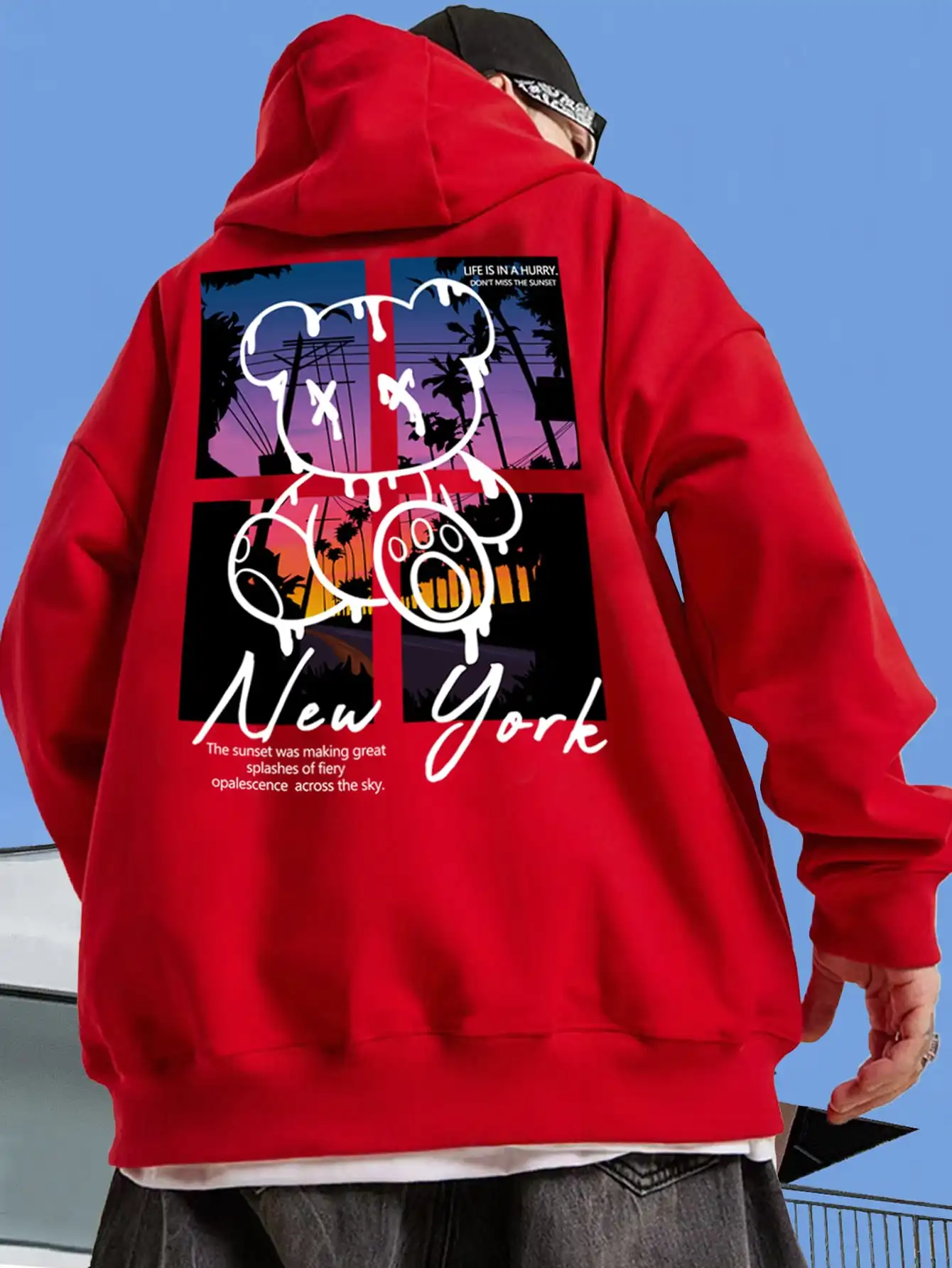 

New York Art Word Cartoon Bear Sunset Scenery Design Male Clothing Hip Hop Street Hoodies All-Match Pocket Pullovers Mens Hoody