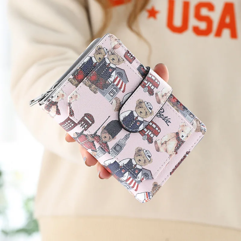 

Female Short Wallet Korea New Cartoon Bear Cute Simple Buckle Student Small Fresh Mini Zipper Wallets Purse Money Bag