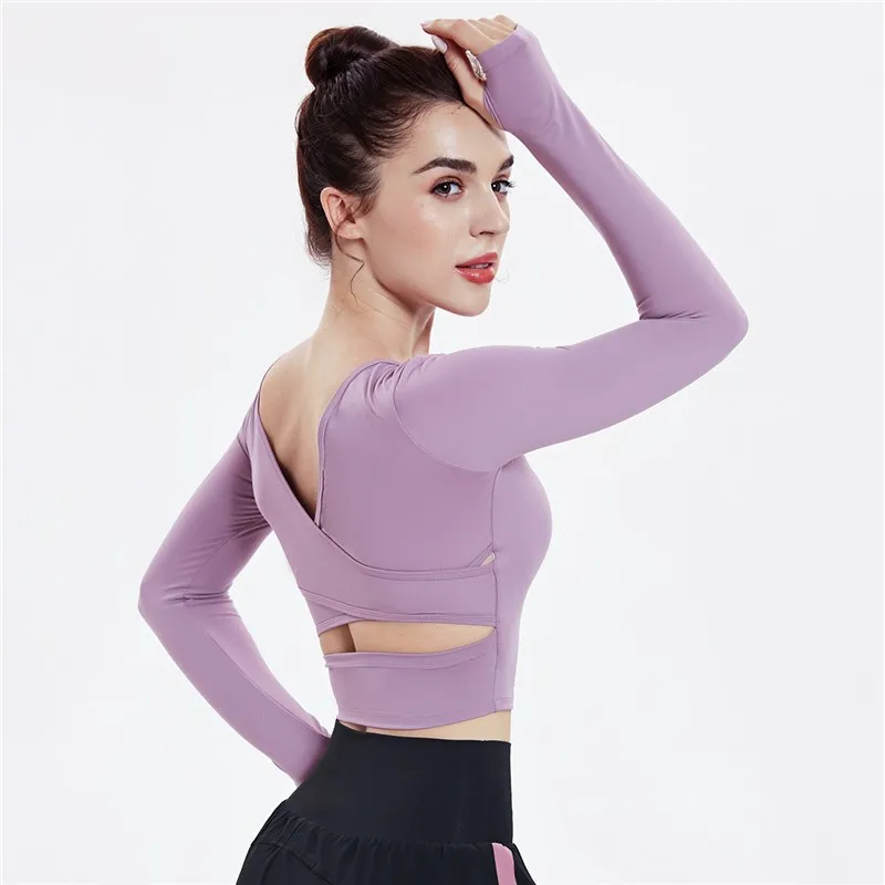 High Quality Women Sexy Backless Slim Sports Tee Crop Top Yoga Shirts Gym Fitness Long Sleeve Workout Female Workout T-Shirts