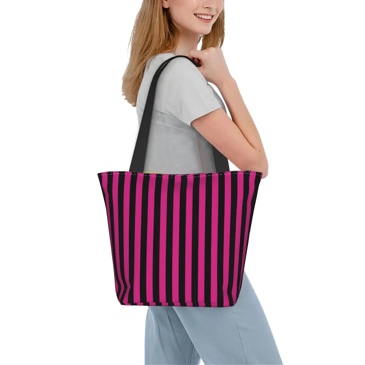 

Сумка-шоппер в Вертикальную Полоску, черные и фиолетовые сумки для отдыха, сумка-тоут из полиэстера для колледжа, женская пляжная сумка на заказ