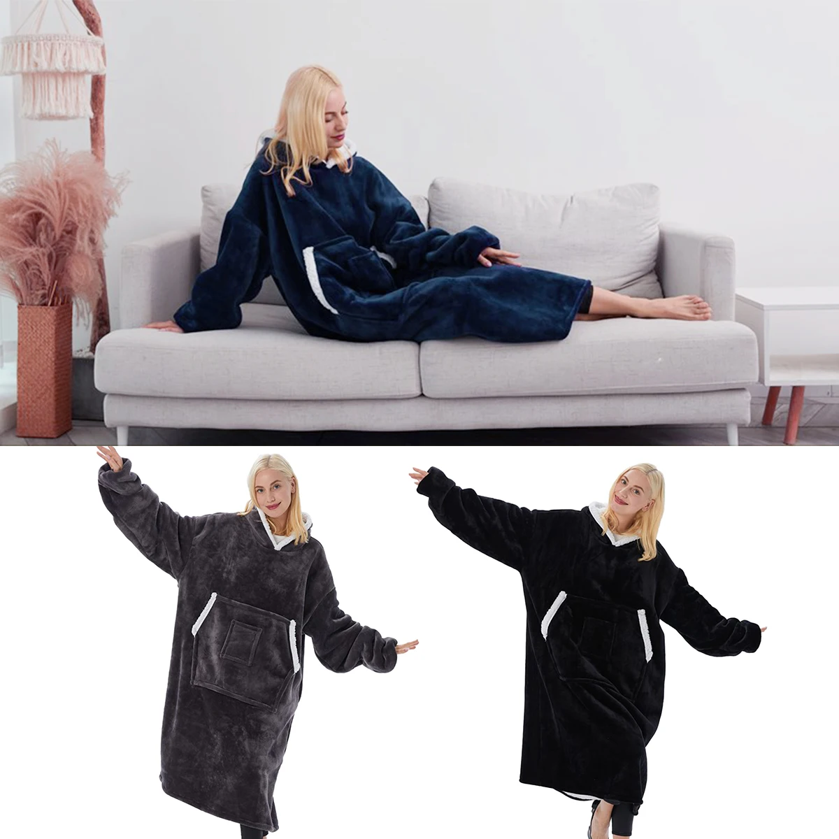 

Одеяло для ношения большого размера, толстовка с капюшоном, большое и теплое одеяло, толстовка с капюшоном, гигантский карман и рукава, уютн...