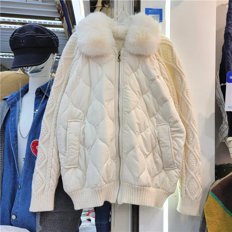 

2022 New Korean Style Winter Parka Sweater Stitching Long Sleeve Fur Collar Coat Sweater Women's Mid-Length Thick Knit Parkas