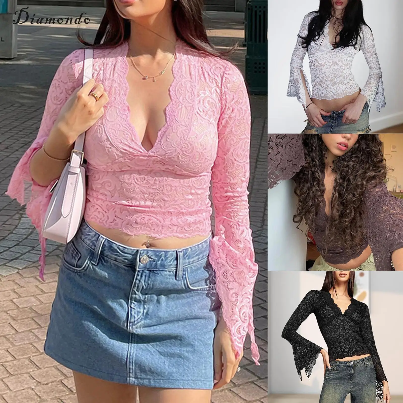 

Ladies Long Sleeve Top Deep V Neck Women Bodycon Top Flare Sleeve Navel Exposed Slim Fit Y2K Sexy Style Vacation Outfit