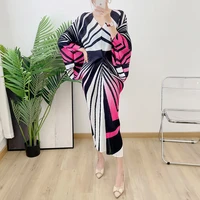 yzz elegant striped pleated long dress women summer loose bat sleeve mixi dress fashion v neck vestidos female clothing