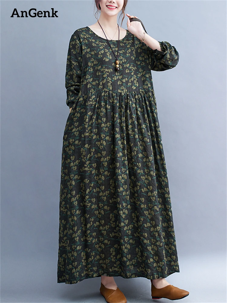 Женское Хлопковое платье с цветочным принтом повседневное свободное винтажное