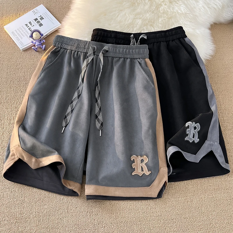 2023 Men's Casual Loose Knee Length Shorts Patchwork Suede Short Pants Basketball Sports Straight Large Size Male Trousers
