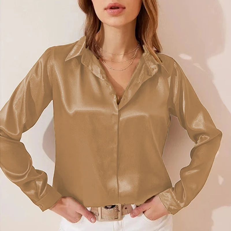 

Spring Long Sleeve Button Blouses Fashion Temperament Women's Solid Color V-neck Satin Loose T-shirt Business Commuter Top