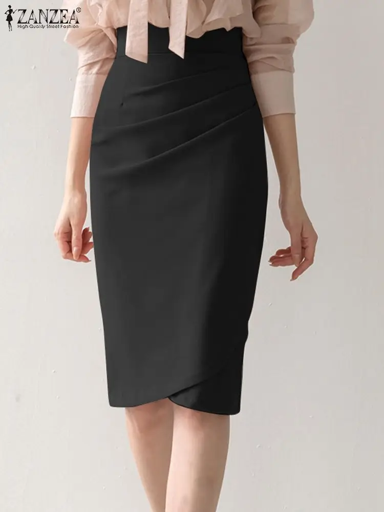 

ZANZEA Elegant Draped Short Jupes Formal Slit Hem Faldas Package Hip Fashion Knee-length Skirt High Waist Women Workplace Skirts