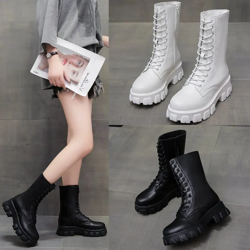 2022 Women Motorcycle Boots Wedges Flat Shoes Woman High Heel Platform PU Leather Boots Lace Up Women Shoes Black Boots Girls