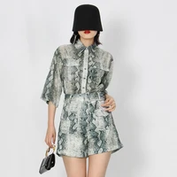womens 2022 summer new lapel loose fashion snake print shirt wide leg shorts casual two piece suit