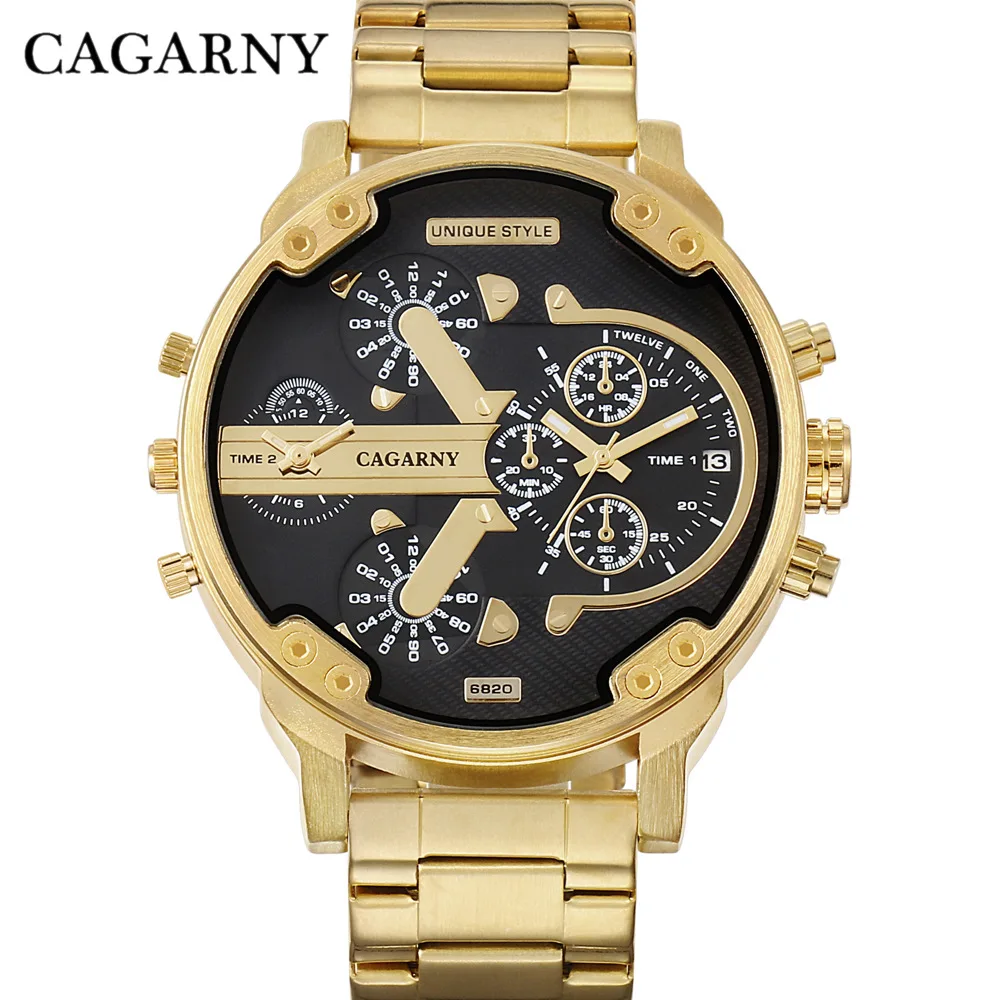 

CAGARNY Gold Luxury Stainless Steel Quartz Men's Watch Round Big Dial Fashion Wristwatch Calendar Clock Relogio Masculino