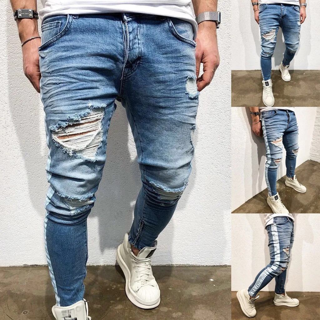 

Denim Elastic Jeans Jeans Mens Skinny Biker Fashion Jeans Distressed S-3XL Slim Men's pants