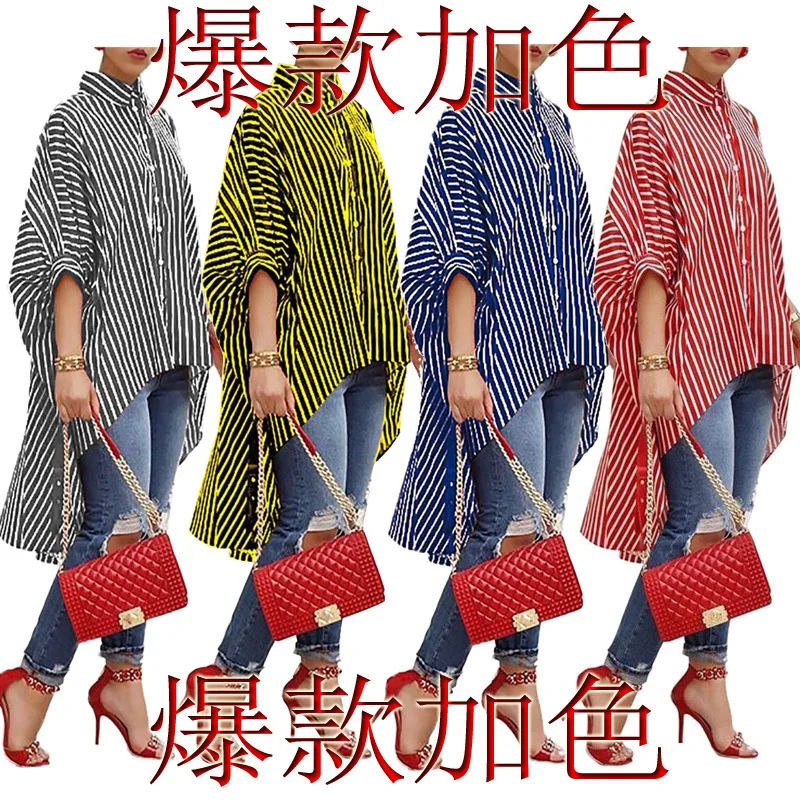 

2022 Summer New Turn-down Collar Loose Tops Women's Blouse Casual Short Sleeve Stripe Printed Shirt Tops for Women