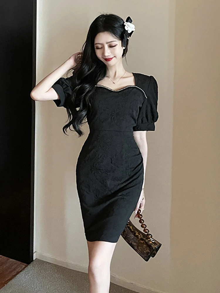 

Женское платье с квадратным вырезом, элегантное облегающее платье средней длины с пышными рукавами в корейском ретро-стиле, одежда для вече...