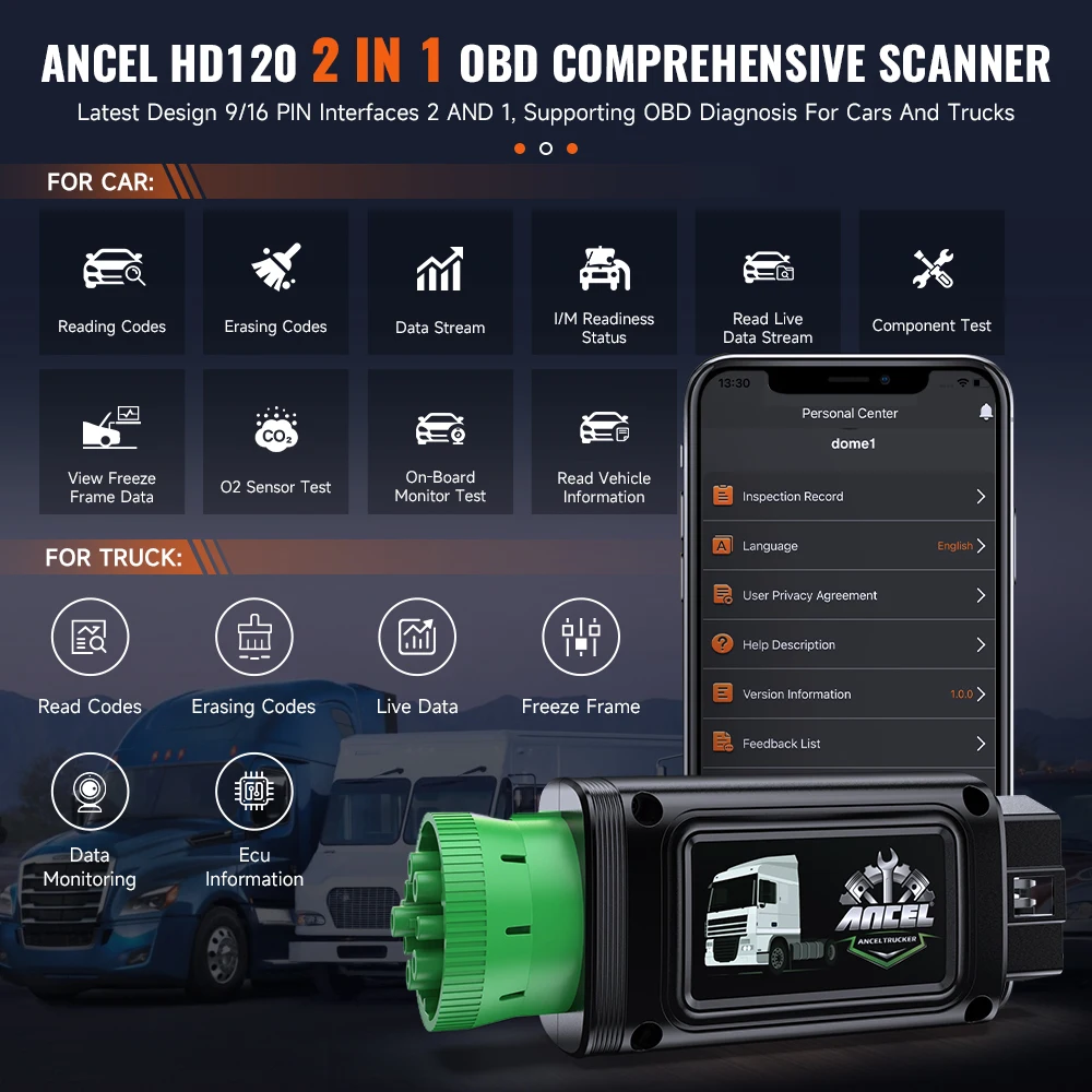 Фото ANCEL Trucker Series HD120 Bluetooth Heavy Duty Truck Scanner Сканер регенерации DPF для международного двигателя Volvo MaxxForce №2