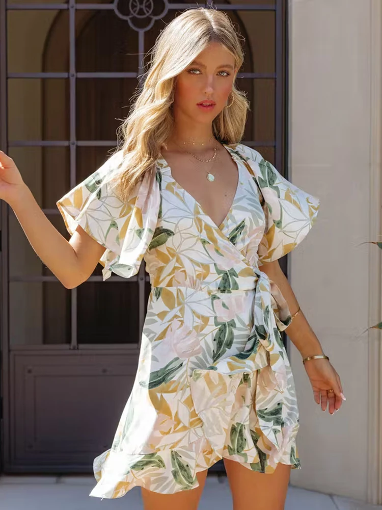 

Flying Sleeve Women Dress Mini For Summer V Neck Lace Up High Waist Boho Dresses Chic Elegant Clothes Apricot Print Casual Wear