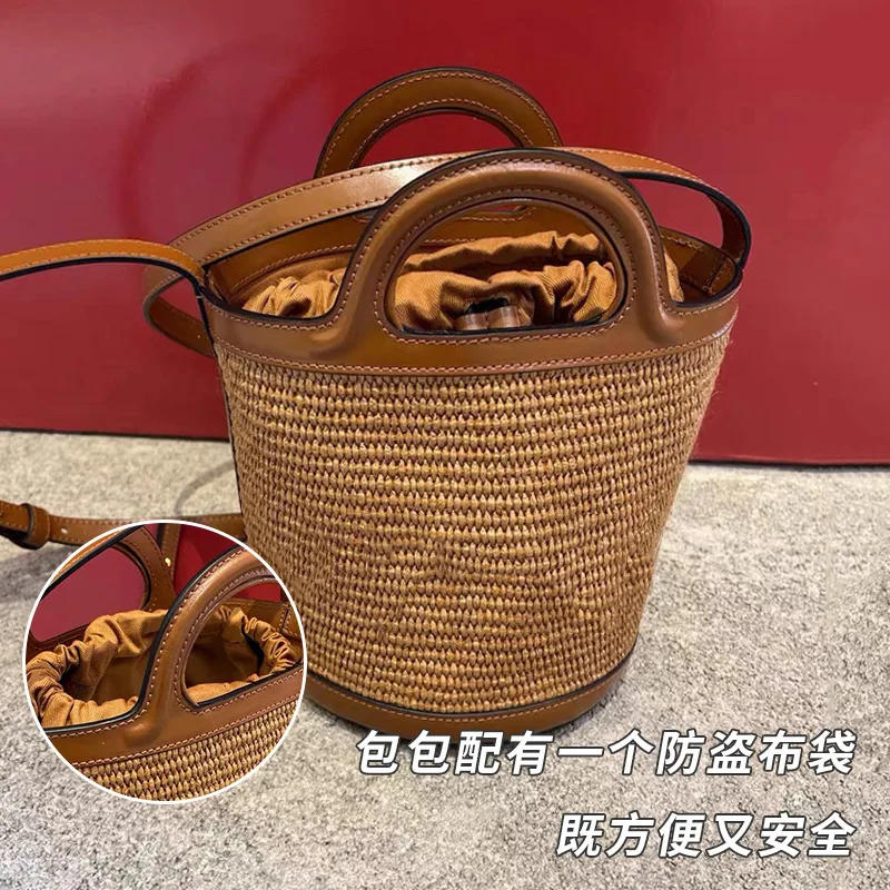 

2022 Niche New Raffia Straw Woven Tote Stitching Cowhide Shoulder Messenger Handheld Beach Handbag Vegetable Basket Women Bag