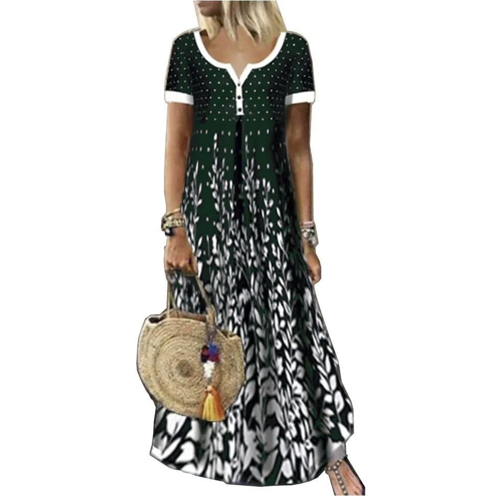 

Women New Loose Dots Vintage Hole Ruffles Befree Dress 5XL Short Sleeve Patchwork Summer Button Party Elegant Maxi Dresses