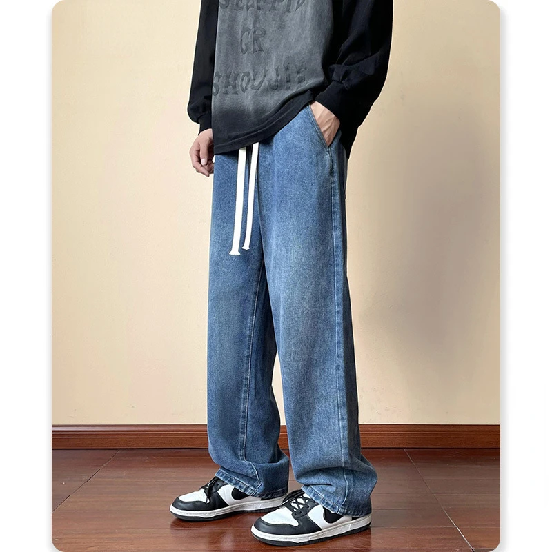 Mens Jeans  American High Street Wide-leg Fashion Brand Elastic Waist Drop Loose Straight Pants for Men