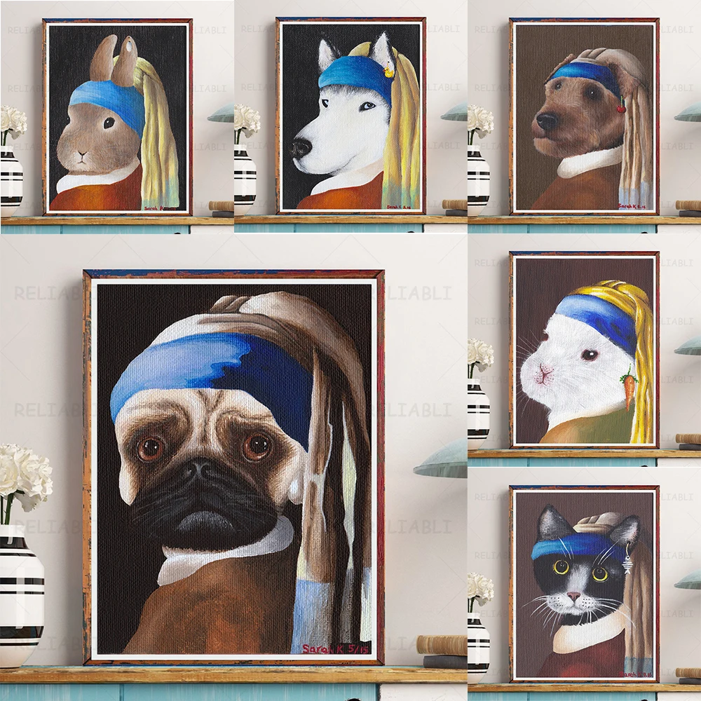 

Abstract Spoof Famous Art Funny Animal Canvas Painting Wall Art Dog Cat Posters and Prints for Living Room Office Wall Decor